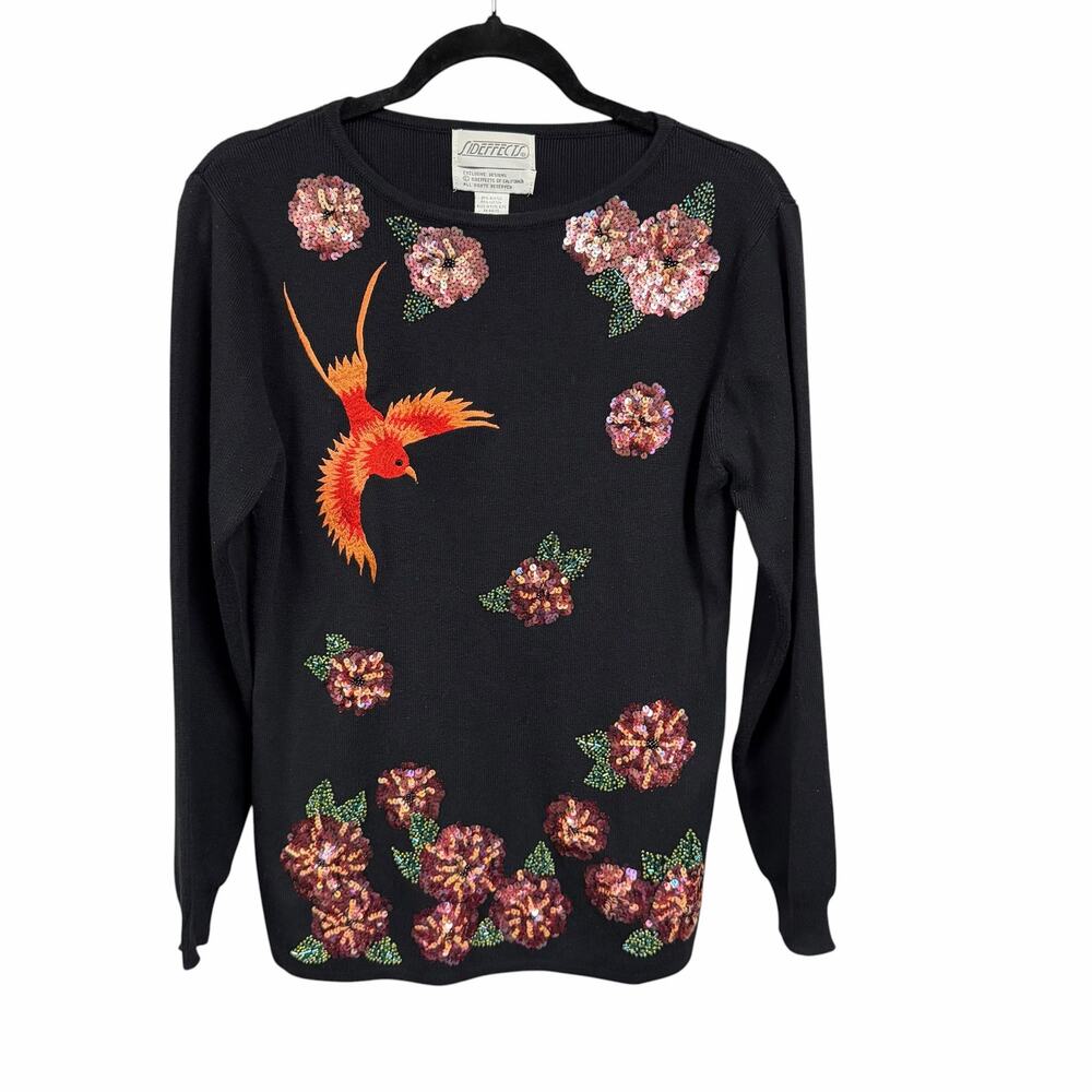 Vintage Side Effects Sequin Floral Bird Embroidered Black Knit Sweater Medium